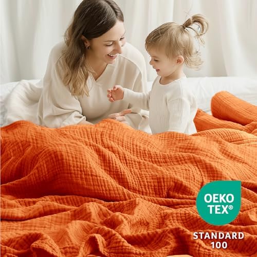 100% Cotton Muslin Blanket King 108" x 90", 6 Layers Breathable and Lightweight Cotton Throw Blankets for Bed, Soft Cooling Summer Gauze Blanket for Adults All Season, Orange - Image 3