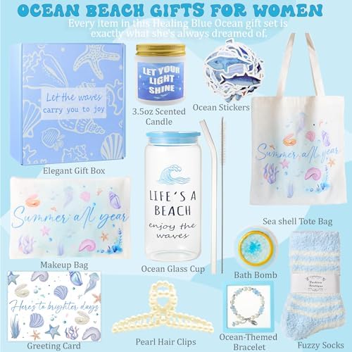 Gifts for Women, 10pcs Ocean Themed Happy Birthday Gifts for Women, Gift Basket Filled with Beach Lover Essentials Blue Ideas Inspirational w/ Seashell Tote Bag Thinking of You for Mom Sister Friend - Image 2