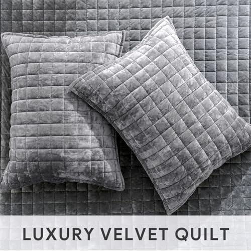RECYCO Channel Box Stitch Velvet Quilt Set, Full Queen Size, Gray - Image 4