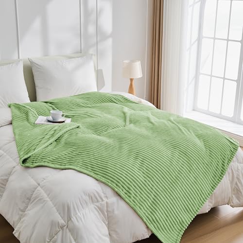 Bnuitland Light Green Flannel Throw Blanket, 300GSM Super Soft Fleece Stripe Pattern Sofa Blanket for Babys and Kids, Lightweight Cozy Bed Throw for Home Decor All Season - Image 5