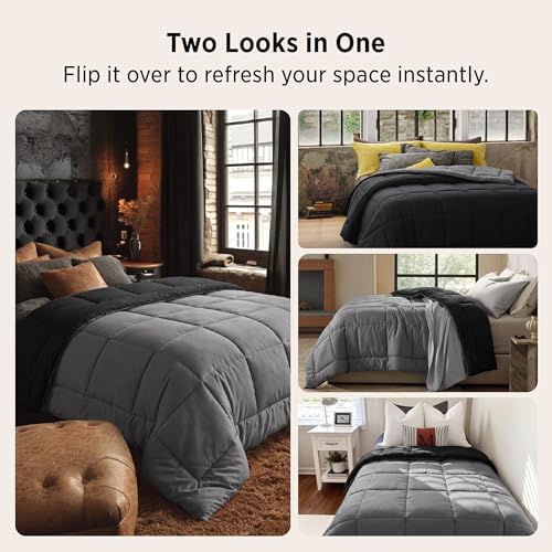 Bedsure Comforters King Size Duvet Insert, Quilted Down Alternative Comforter, Ultra Soft Lightweight Comforter Blanket for Bed, with 8 Tabs, Machine Washable, 90x102 in,Black/Grey - Image 5
