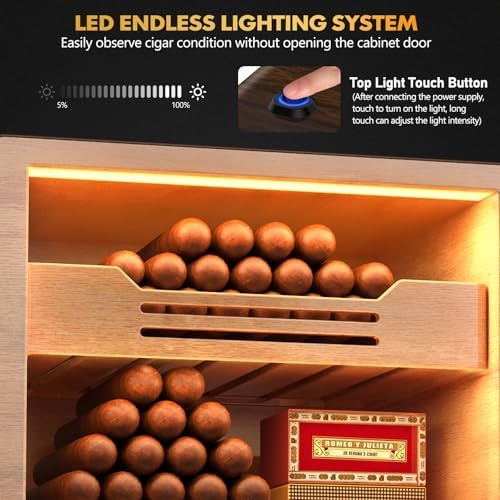 Cigar Humidor, Desktop Cigar Humidor Cabinet Light Control System with Spanish Cedar Wood Shelves, Hygrometer, 3 Humidifiers and Cigar Accessories Drawer, Father's Day Gift for Men (Walnut) - Image 3