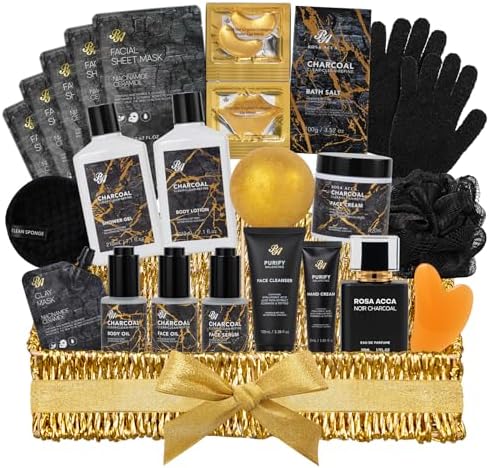 Gifts for Women & Men, 32 Charcoal Hydrating Bath & Body Gifts Basket Set by RAROSAACCA