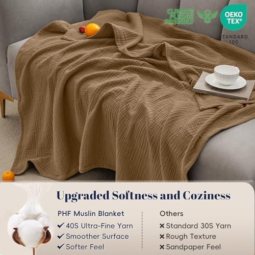 PHF 100% Cotton Muslin Blanket Twin XL Size 66"x90", 4-Layer Lightweight Gauze Throw, Breathable Cloud-Soft Minimalist Blanket for Bed, Couch, Camping & Baby, Coco Brown, Ideal Gift - Image 4