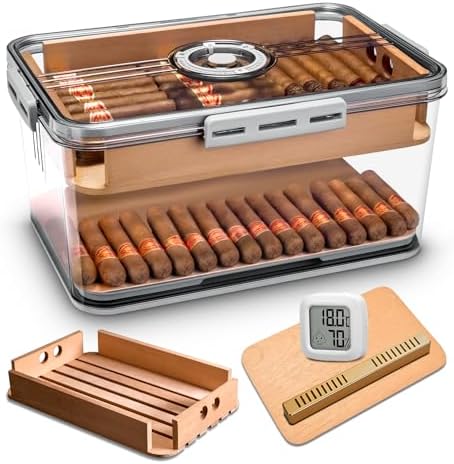 Cigar Humidor, Transparent Humidor Box with Humidifier and Hygrometer, Desktop Cigar Humidor Box with Cedar Wood Chips, Cigar Case, Cigar Gifts for Men (large hold 100 cigars) by demcigar