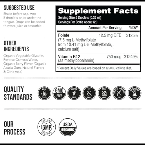 Organic L Methylfolate 7.5 mg Plus Methyl B12 Cofactor - Metabolically Active 5-MTHF Form, Superior Form of Folate - Organic Berry Flavor, Liquid Sublingual Form – Mood, Cognition, Methylation (1oz) - Image 6