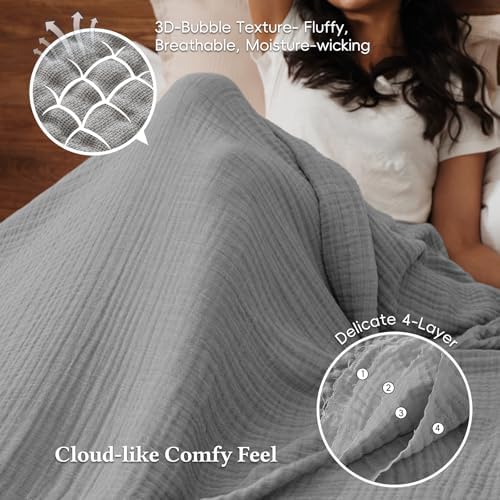 David's Home 100% Natural Cotton Muslin Blanket King Size, 4-Layer Soft Breathable Lightweight Cozy Throw Guaze for Hot Sleepers, 3D Bubble Room Decor for Bed Couch, Giftable, Dark Grey, 108"x90" - Image 3