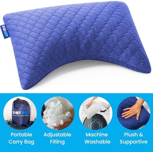Sidney Sleep Mini Travel Size Neck Pillow - Knee, Back Lumbar and Support - Small Curved Pillow - Adjustable Fill - Washable Case - Drawstring Backpack Included - 14 x 19 Inches (Mini - Blue) - Image 5