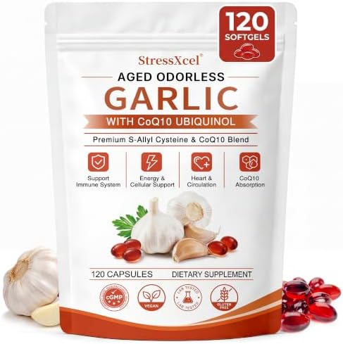 Aged Odorless Garlic Extract Softgels with CoQ10 Ubiquinol and Vitamin K2 - 1200mg Aged Garlic Supplement, S - Allyl Cysteine Standardized for Optimal Heart Health & Immune Support - 120 Softgels by stressxcel