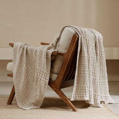 PHF Lightweight 100% Cotton Waffle Throw Blanket for Couch, Light Taupe by PHF