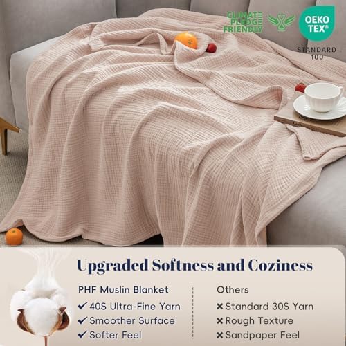 PHF 100% Cotton Muslin Throw Blanket 50" x 60", 4-Layer Lightweight Gauze Throw, Breathable Cloud-Soft Minimalist Blanket for Bed, Couch, Camping, Dusty Pink, Ideal Gift - Image 4