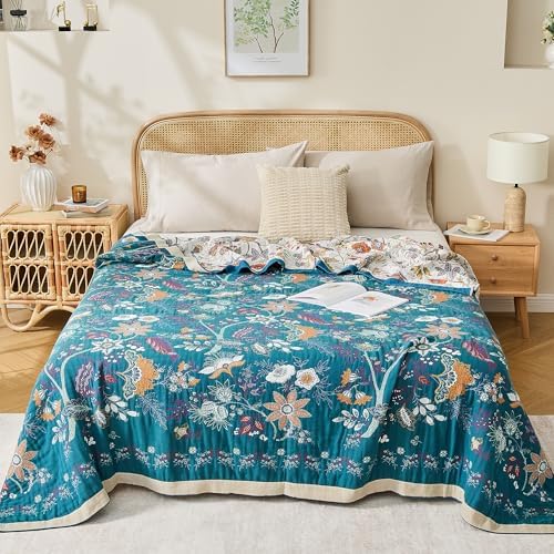 VANJOROY Boho Throw Blanket, 100% Organic Cotton Breathable Ultra Soft 91" x 108" King Bed Quilt Throw - All Season Floral Rustic Farmhouse Decor Luxury Blanket for Sofa Couch Chair and Gift - Image 4