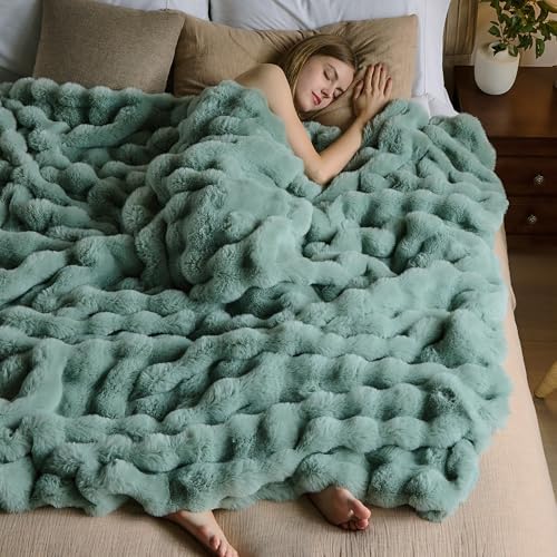 Lotus Karen Faux Fur Throw Blanket Sage Green - Big Bubble Rabbit Fluff Blanket for Couch Bed Sofa,Softest Fluffy Fuzzy Cozy Blanket,Plush Thick Furry Shaggy Warm Blankets for Women,90x90 Inches by LotusKaren
