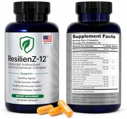 ResilienZ-12 Antioxidant Supplement, 12-in-1 Healthy Aging, CoQ10, Astaxanthin, Quercetin, Meriva Curcumin Turmeric, Sulforaphane, Green Tea Extract, Resveratrol, 90 Vegan Capsules, 30 Day Supply by ResilienZ