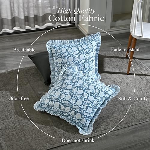 CPC Blue Meadow Hand Block Print 100% Cotton Ruffle Throw Pillow Cover 20x20 inch with Hidden Zipper Decorative for Couch, Bed, Sofa, Farmhouse, Cottagecore Decor Gift Christmas Fall Thanksgiving - Image 4