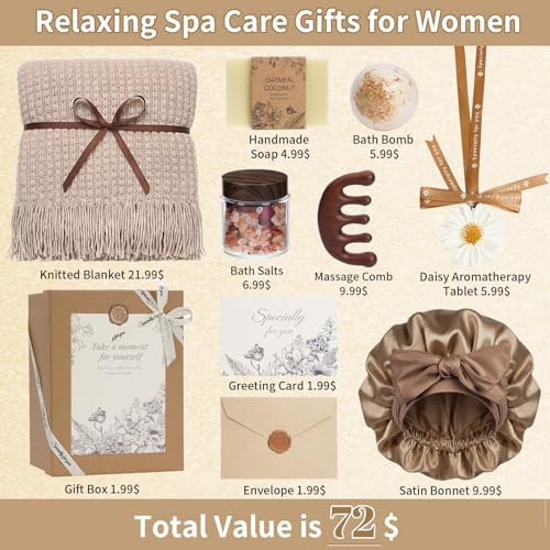 Self Care Gifts Baskets for Women, Spa Care Package for Women, Birthday Gift Get Well Soon Gifts Thinking of You Gift Baskets Summer Home Spa Set with Bonnet & Massgae Comb for Mom Friends, Brown - Image 2