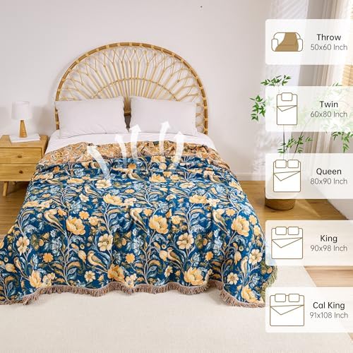 VANJOROY Boho Throw Blanket King, 100% Organic Cotton Breathable Ultra Soft 91" x 98" Bed Quilt Throw - All Season Floral Rustic Farmhouse Decor Reversible Blanket for Sofa Couch Chair and Gift - Image 5