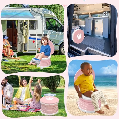 Portable Potty for Toddlers, Foldable Travel Potty with 5-Second Fold, Splash-Proof, Standalone Emergency Toilet with 3 Roll Waste Bags, Road Trips, Camping, Car, Outdoor (Pink) - Image 6