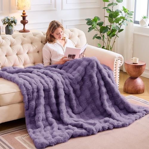 Lotus Karen Faux Fur Throw Blanket Purple - Big Bubble Rabbit Fluff Blanket for Couch Bed Sofa,Softest Fluffy Fuzzy Cozy Blanket,Thick Furry Plush Shaggy Warm Blankets for Women,60x80 Inches - Image 4