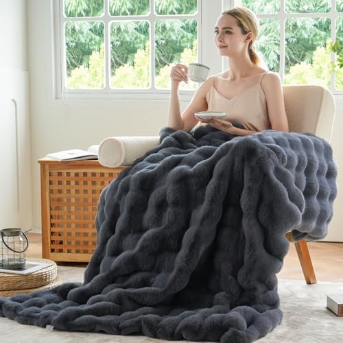 BENVWE Faux Fur Throw Blanket for Couch – Cozy Fuzzy Soft Plush Fluffy Thick Luxury Minky Bubble Blanket for Living Room Home Decor – Fathers Day Birthday Gifts for Women and Men, Grey, 51" x 63" - Image 4