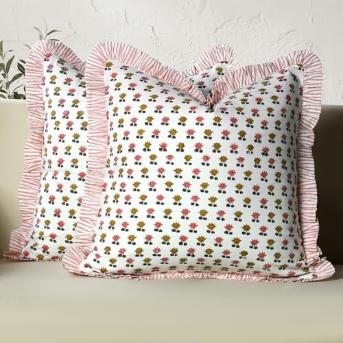CPC Rosette Bloom Hand Block Print 100% Cotton Ruffle Throw Pillow Cover 20x20 inch with Hidden Zipper Decorative for Couch, Bed, Sofa, Farmhouse, Cottagecore Decor Gift Christmas Fall Thanksgiving by COTTONPRINTCLUB