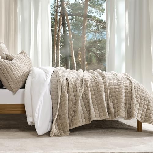RECYCO Channel Box Stitch Velvet Quilt Set, Full Queen Size, Urban Taupe - Image 2