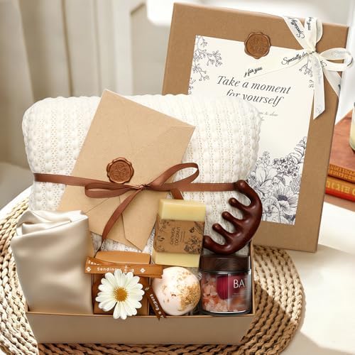 Self Care Gifts Baskets for Women, Spa Care Package for Women, Birthday Gift Get Well Soon Gifts Thinking of You Gift Basket Summer Home Spa Set with Bonnet & Massgae Comb for Mom Friends Her, Beige by YEERSWAG