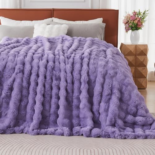 Lotus Karen Faux Fur Throw Blanket Purple - Big Bubble Rabbit Fluff Blanket for Couch Bed Sofa,Softest Fluffy Fuzzy Cozy Blanket,Thick Furry Plush Shaggy Warm Blankets for Women,90x90 Inches - Image 3