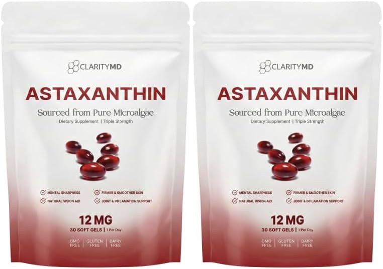Astaxanthin 12mg Antioxidants Supplement – Natural Microalgae Source – Lipid-Based Softgel for Enhanced Absorption – Cognitive, Vision & Joint Support – 30 Softgels (Pack of 2) by Unknown