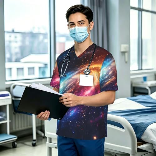 Men's Scrub Top,V-Neck Spill Wrinkle Resistant,3 Pockets-Space Galaxy (3) - Image 3