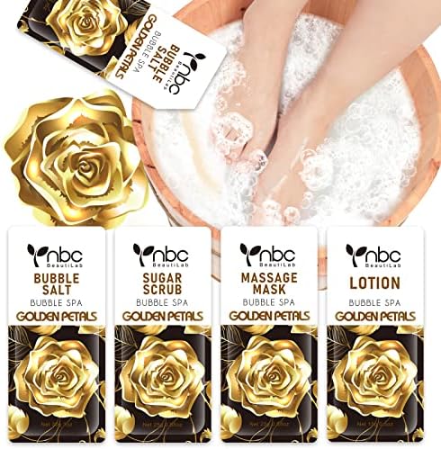 Pedicure Kit Foot Soak Set: Bubble Salt, Sugar Scrub, Massage Mask, Massage Lotion in a Box, 4 Step Foot Spa Kit for Dry Feet,Tired Feet (1 Set Golden Petals) by nbcBeautiLab