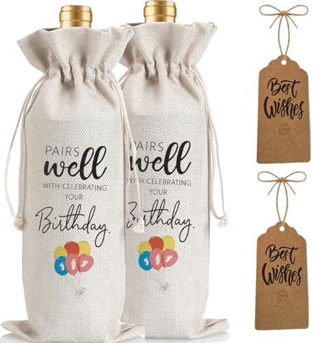 2Pcs Birthday Gift Ideas for Women & Men, Birthday Party Wine Bag Gift,Happy Birthdate decor, with 2Pcs Kraft Blessing Cards and natural jute rope by Yourloveisourmotivation%EF%BC%81