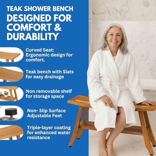 EcoDecors Satori 34-Inch Natural Teak Shower Bench, Waterproof - Image 2