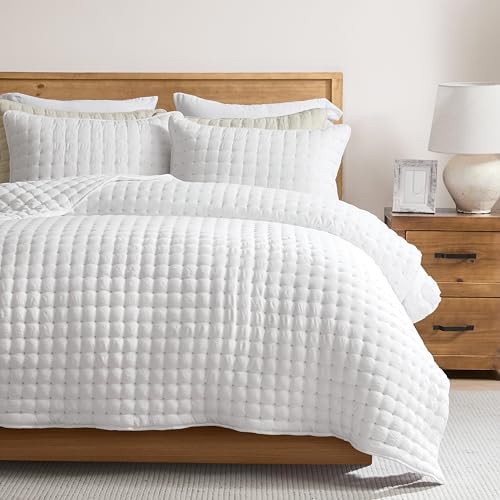 WDCOZY White Queen Size Quilt Bedding Sets with Pillow Shams, Lightweight Soft Bedspread Coverlet, Quilted Blanket Thin Comforter Bed Cover, All Season Summer Spring, 3 Pieces, 90x90 inches by WDCOZY
