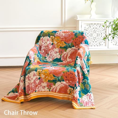 VANJOROY Boho Throw Blanket, 100% Organic Cotton Breathable Ultra Soft 80" x 90" Bed Quilt Throw - All Season Floral Rustic Farmhouse Decor Luxury Reversible Blanket for Sofa Couch Chair and Gift - Image 6