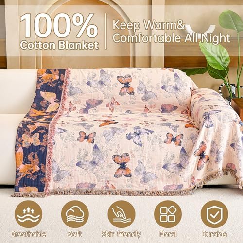 VANJOROY Boho Throw Blanket, 100% Organic Cotton Breathable Ultra Soft 50" x 60" Bed Quilt Throw - All Season Floral Rustic Farmhouse Decor Luxury Reversible Blanket for Sofa Couch Chair and Gift - Image 4