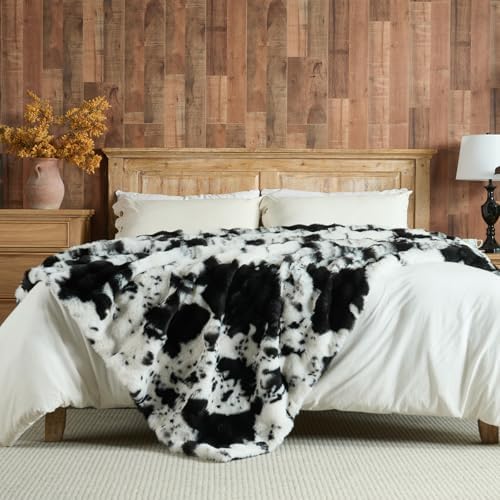 Lotus Karen Faux Fur Throw Blanket Cow Print-Black, Fluffy Fuzzy Plush Bubble Blanket for Couch, 60x50 Inches Cozy Shaggy Rabbit Blanket, Luxury Decorative Gifts for Sofa Bedroom Living Room. - Image 5