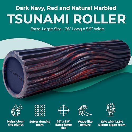 Oceanfoam Tsunami Roller (Dark Navy, Red & Natural Marbled) - Extra-Large, 26" x 5.9" - Soft, Textured Foam Roller for Physical Therapy, Back Pain, Exercise & Stretching - Yoga, Athletics, & Wellness - Image 2