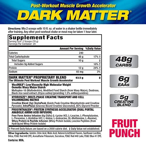 MHP Dark Matter Post Workout, Recovery Accelerator, w/Multi Phase Creatine, Waxy Maize Carbohydrate, 6g EAAs, Fruit Punch, 20 Servings, 55 Oz - Image 3
