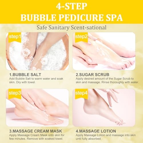 Pedicure Kit Foot Soak Set: Bubble Salt, Sugar Scrub, Massage Mask, Massage Lotion in a Box, 4 Step Foot Spa Kit for Dry Feet, Calluses and Tired Feet(1 Set Milky Flower) - Image 6