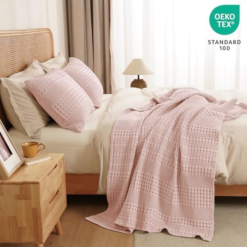 PHF Lightweight 100% Cotton Waffle Throw Blanket for Couch, Pink - Image 5