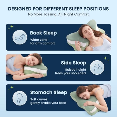 Sweetcrispy Queen Cervical Pillow for Neck and Shoulder - Ergonomic Memory Foam Pillows, Contour Side Sleeper for Adults, Cooling Orthopedic Neck Support for Back Stomach Sleepers, Green - Image 4