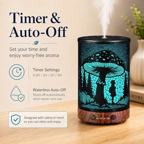 Essential Oil Diffuser 120ML Metal Aromatherapy Diffuser with Timer, Cool Mist Humidifier with Auto Shut-Off & 7 Color Lights for Home Office Spa (Mushroom Girl) - Image 5