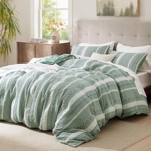 Bedsure PureWoven Boho Striped Cotton Waffle Duvet Cover Set, King, Green - Image 2