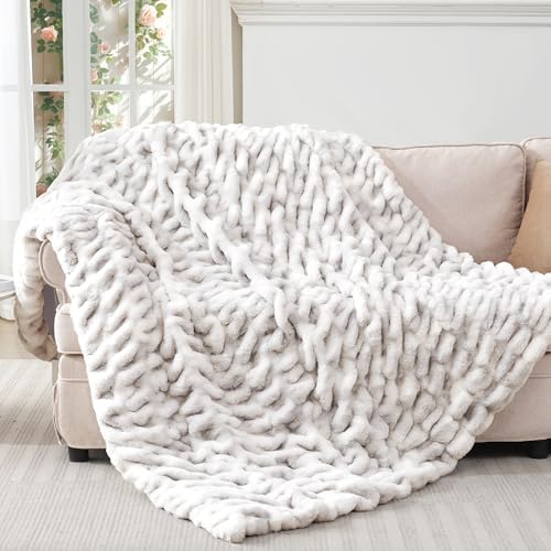 Touchat Ruched Faux Fur Blanket Twin,Fluffy Soft Cozy Blanket,Tie-dye Grey - Image 7