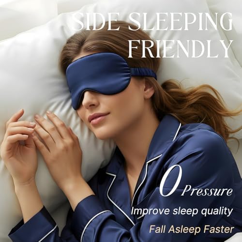 Navy Sleep Eye Mask, Blackout Silk Satin Travel Blindfold Set Women - Image 2