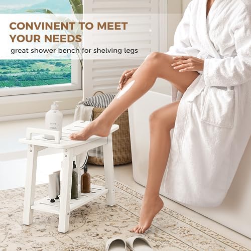 FLyjoe 24 INCH Extra Large Shower Bench for Inside Shower Shaving Legs, Waterproof HDPE Shower Chair Seat with Storage Shelf and Handles Spa Shower Stool for Bath Tub Bathroom Use, White - Image 4