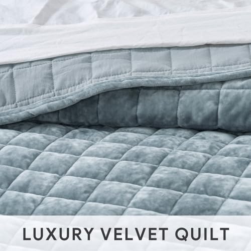RECYCO Channel Box Stitch Velvet Quilt Set, Twin/Twin XL Size, Blue Linen - Image 4