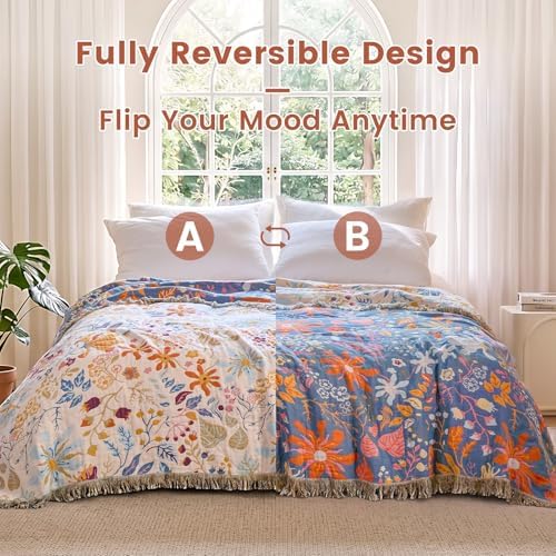 MSGKV Boho Throw Blanket 50"x60" 100% Cotton Floral Blanket Couch Decor - Image 4