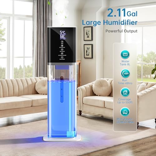 Humidifier Large Room Bedroom, 8L/2.1Gal Top Fill Cool Mist Humidifiers with Humidistat, 3-Speeds, 48H Runtime, Quiet Sleep Mode, Night Light, 12H Timer, 360° Nozzle & Aroma Diffuser for Baby, Plants - Image 3